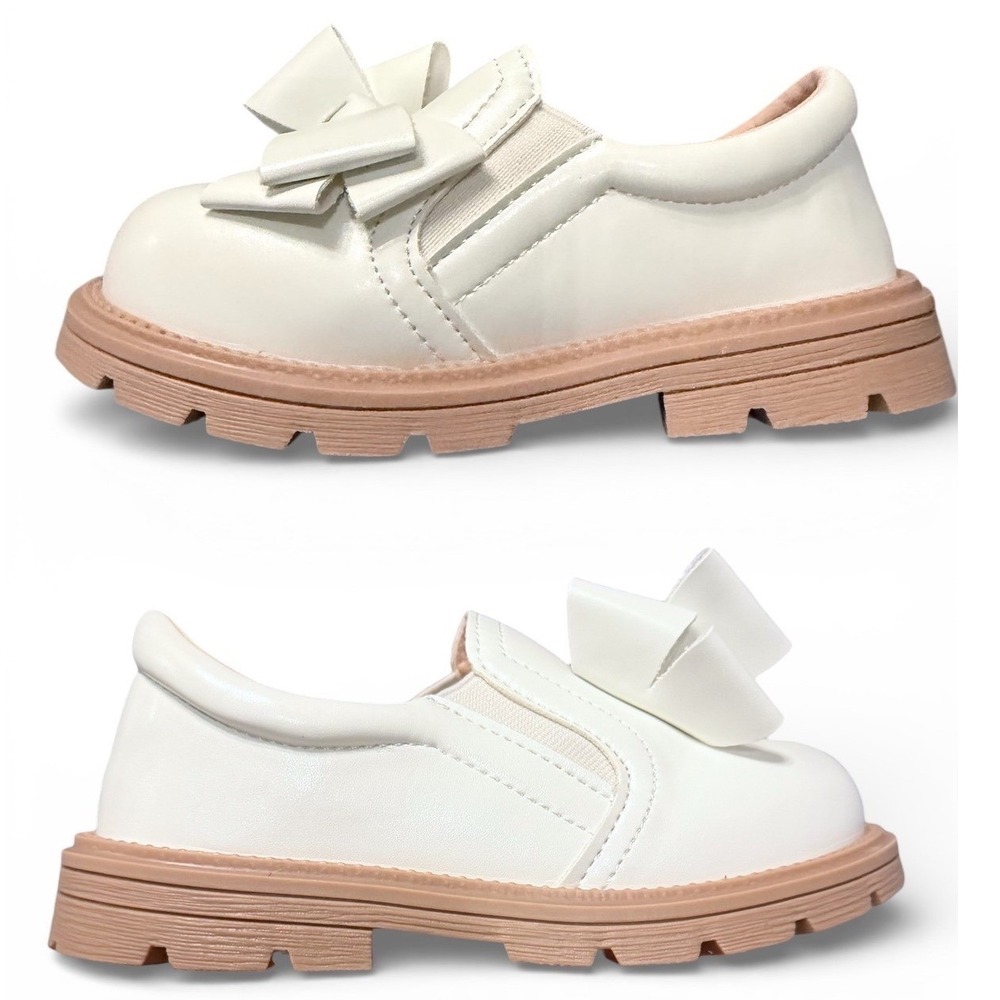 Kids White Bow Loafer Shoes Chunky Sole Slip On Toddler Childrens Sz 7 Mary jane